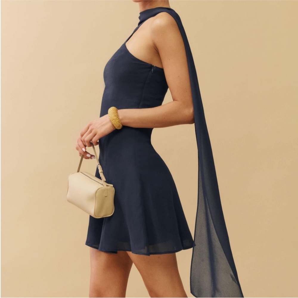 Reformation Navy Backless Halter Dress